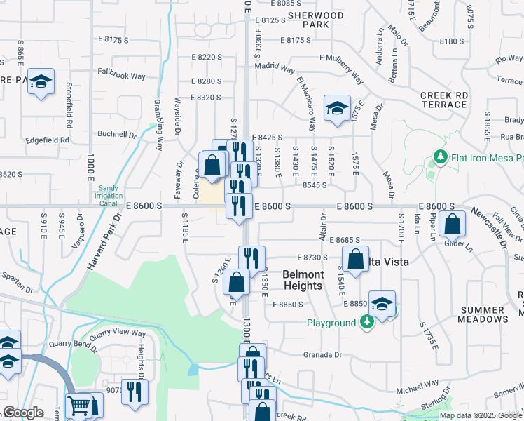 map of restaurants, bars, coffee shops, grocery stores, and more near 1336 East 8600 South in Sandy