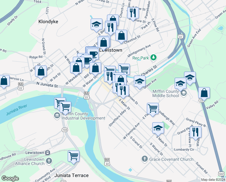 map of restaurants, bars, coffee shops, grocery stores, and more near 207 South Main Street in Lewistown