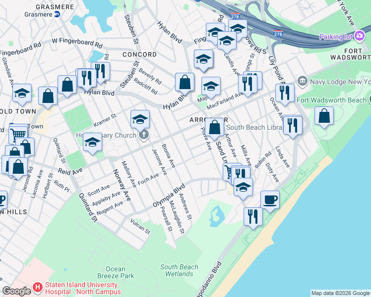 map of restaurants, bars, coffee shops, grocery stores, and more near 123 Hickory Avenue in Staten Island
