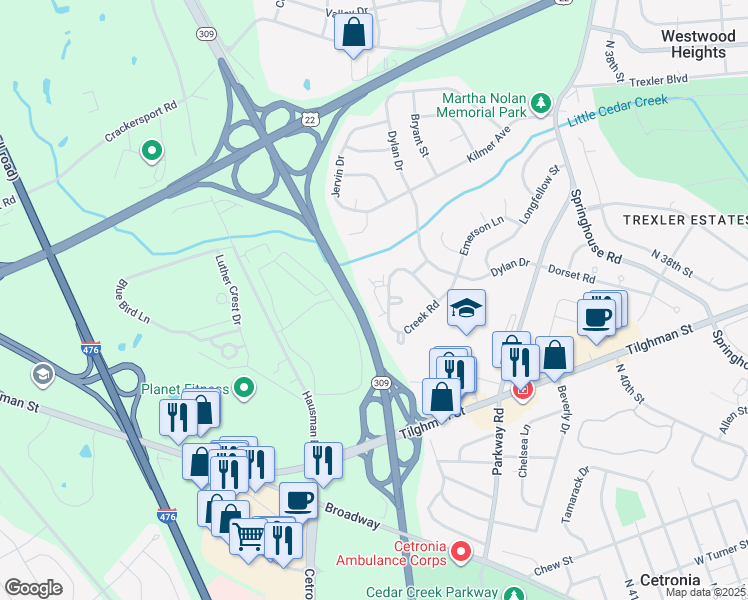 map of restaurants, bars, coffee shops, grocery stores, and more near 884 Nittany Court in Allentown