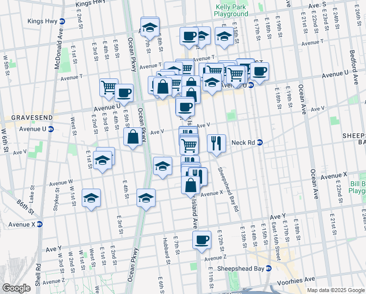 map of restaurants, bars, coffee shops, grocery stores, and more near 2263 East 8th Street in Brooklyn