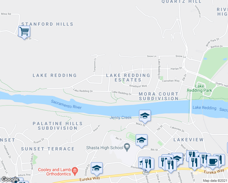 map of restaurants, bars, coffee shops, grocery stores, and more near Lake Redding Drive in Redding