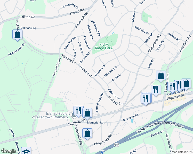 map of restaurants, bars, coffee shops, grocery stores, and more near 5928 Meadow Drive in Lehigh County