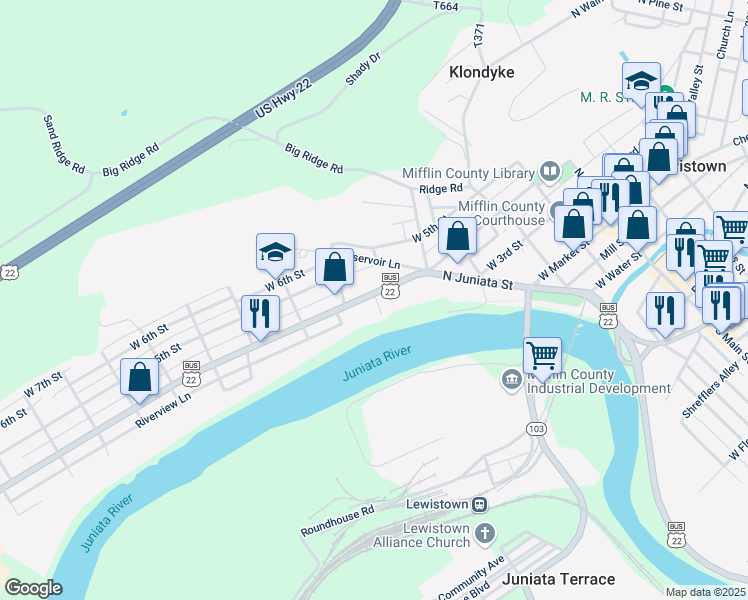 map of restaurants, bars, coffee shops, grocery stores, and more near 384 West 4th Street in Lewistown