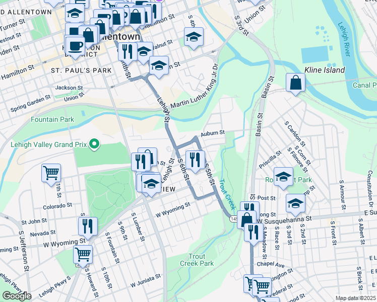map of restaurants, bars, coffee shops, grocery stores, and more near 522 Harrison Street in Allentown
