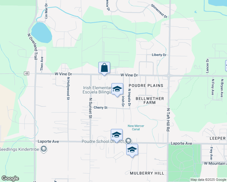 map of restaurants, bars, coffee shops, grocery stores, and more near 515 Irish Drive in Fort Collins