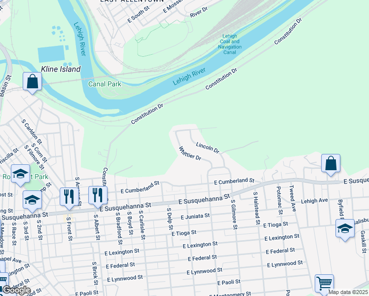 map of restaurants, bars, coffee shops, grocery stores, and more near 843 Whittier Drive in Allentown