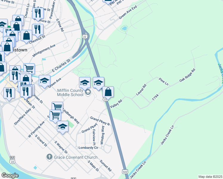 map of restaurants, bars, coffee shops, grocery stores, and more near 81 Farm Lane in Lewistown