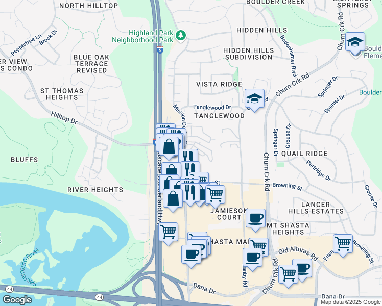 map of restaurants, bars, coffee shops, grocery stores, and more near 813 Mission Sierra Court in Redding