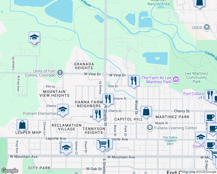 map of restaurants, bars, coffee shops, grocery stores, and more near 527 West Street in Fort Collins
