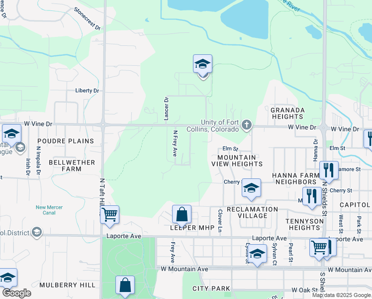 map of restaurants, bars, coffee shops, grocery stores, and more near 514 North Frey Avenue in Fort Collins