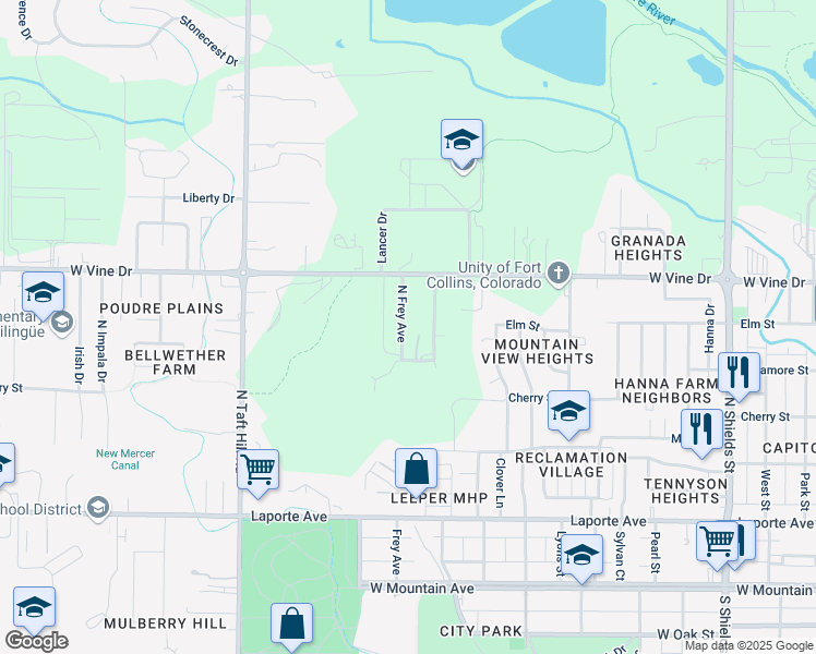 map of restaurants, bars, coffee shops, grocery stores, and more near 514 North Frey Avenue in Fort Collins