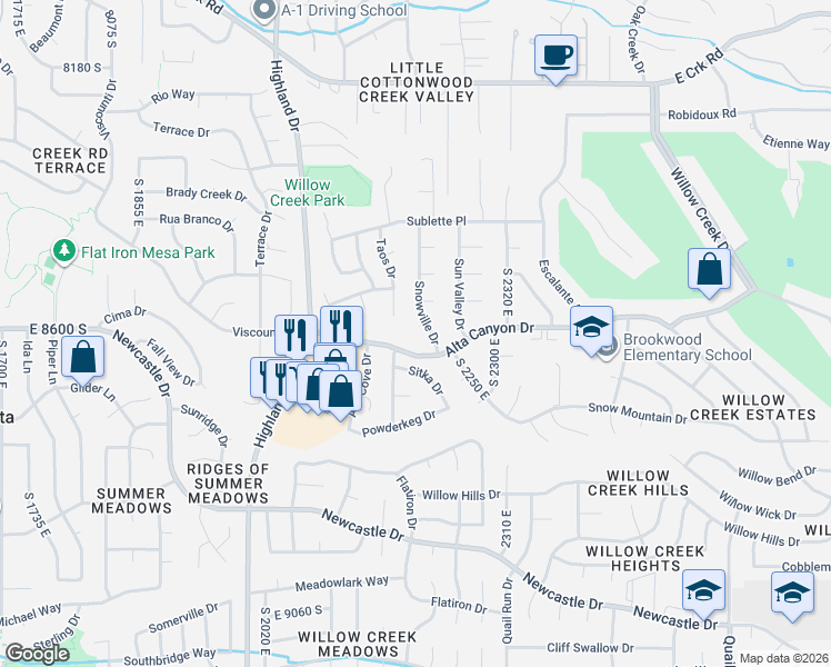 map of restaurants, bars, coffee shops, grocery stores, and more near 2167 Alta Canyon Drive in Sandy