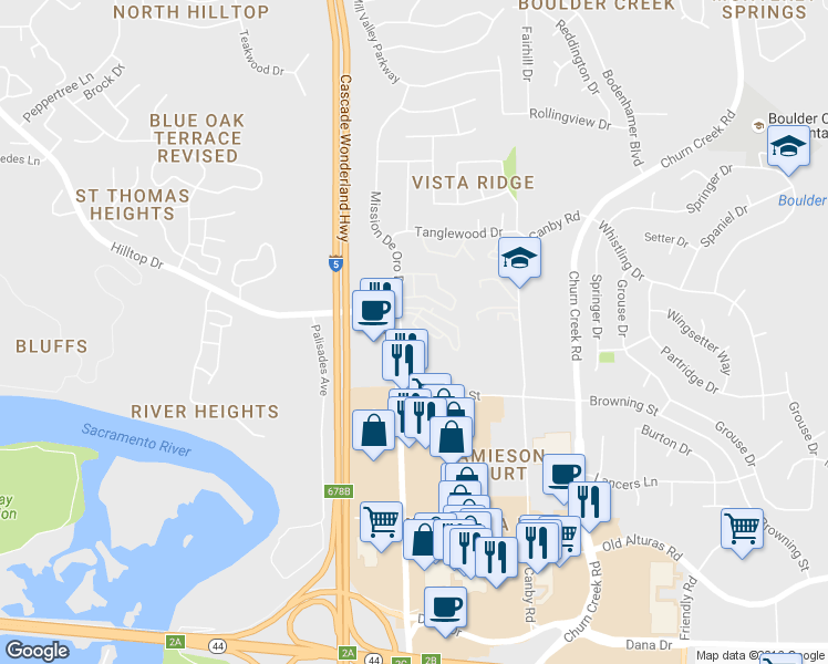 map of restaurants, bars, coffee shops, grocery stores, and more near 801-905 Mission De Oro Drive in Redding