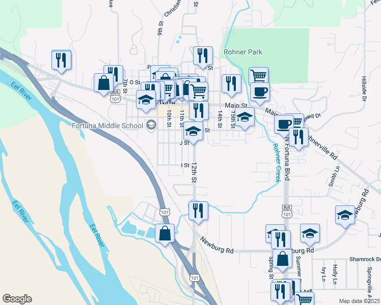 map of restaurants, bars, coffee shops, grocery stores, and more near 340 12th St in Fortuna