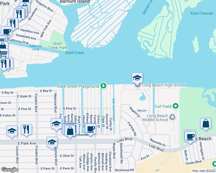map of restaurants, bars, coffee shops, grocery stores, and more near 98 Clark Street in Long Beach