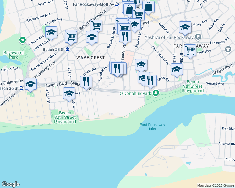 map of restaurants, bars, coffee shops, grocery stores, and more near 20-25 Seagirt Boulevard in Queens