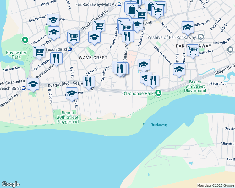 map of restaurants, bars, coffee shops, grocery stores, and more near 20-25 Seagirt Boulevard in Queens