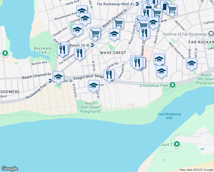 map of restaurants, bars, coffee shops, grocery stores, and more near 1-81 Beach 26th Street in Queens