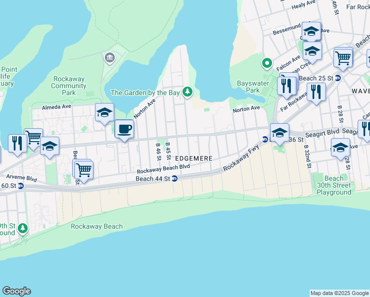 map of restaurants, bars, coffee shops, grocery stores, and more near 322 Beach 43rd Street in Queens