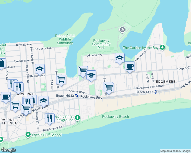 map of restaurants, bars, coffee shops, grocery stores, and more near 19-54 Beach 56th Street in Queens