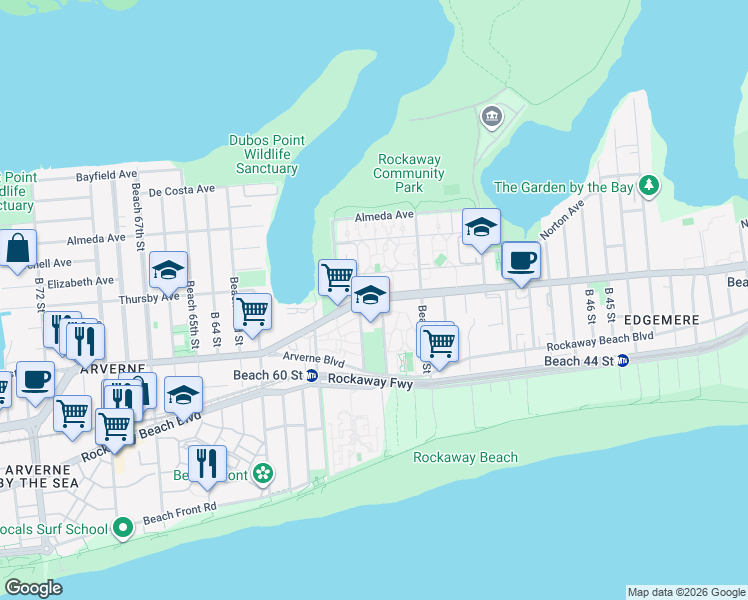 map of restaurants, bars, coffee shops, grocery stores, and more near 1954 Beach 56th Street in Queens