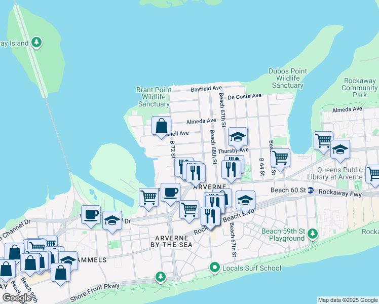 map of restaurants, bars, coffee shops, grocery stores, and more near 69-45 Thursby Avenue in Queens