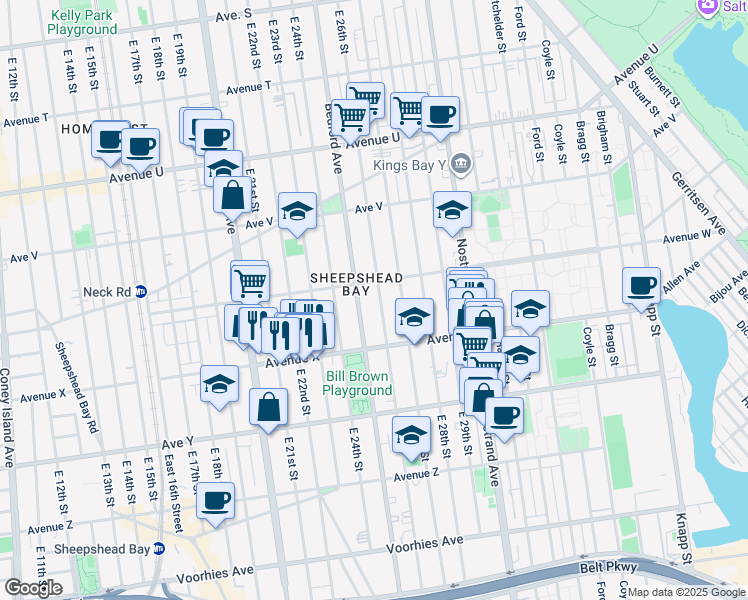 map of restaurants, bars, coffee shops, grocery stores, and more near 4397 Bedford Avenue in Brooklyn