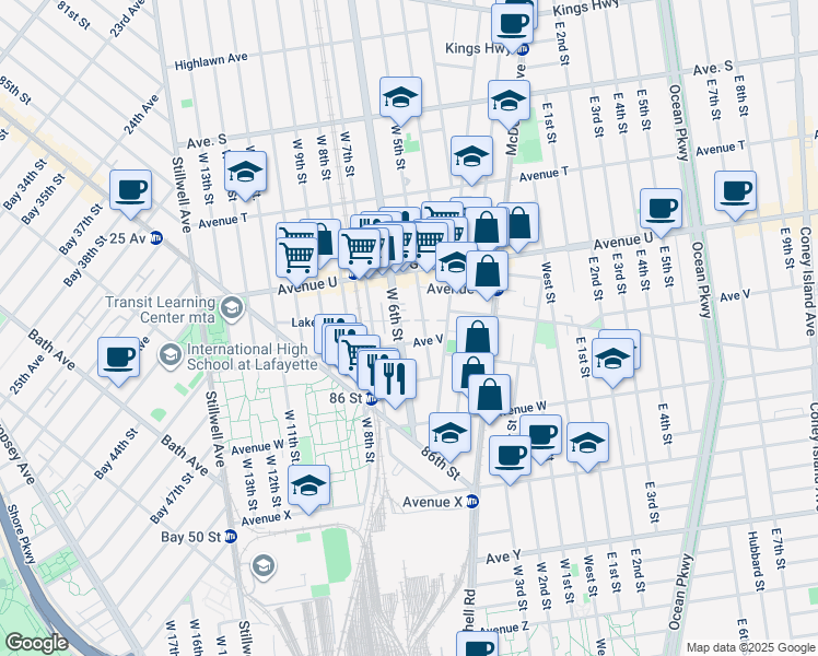 map of restaurants, bars, coffee shops, grocery stores, and more near 183 Avenue V in Brooklyn