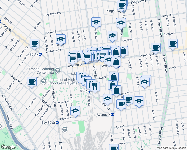 map of restaurants, bars, coffee shops, grocery stores, and more near 183 Avenue V in Brooklyn