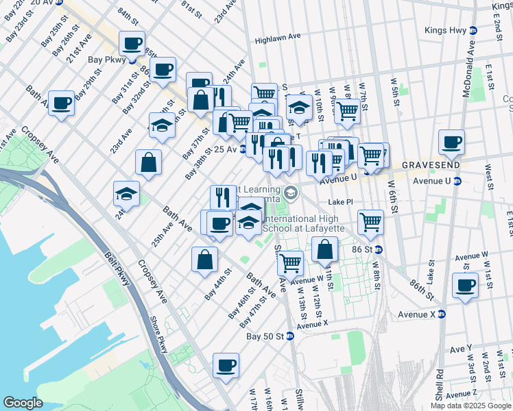 map of restaurants, bars, coffee shops, grocery stores, and more near 2621 Benson Avenue in Brooklyn