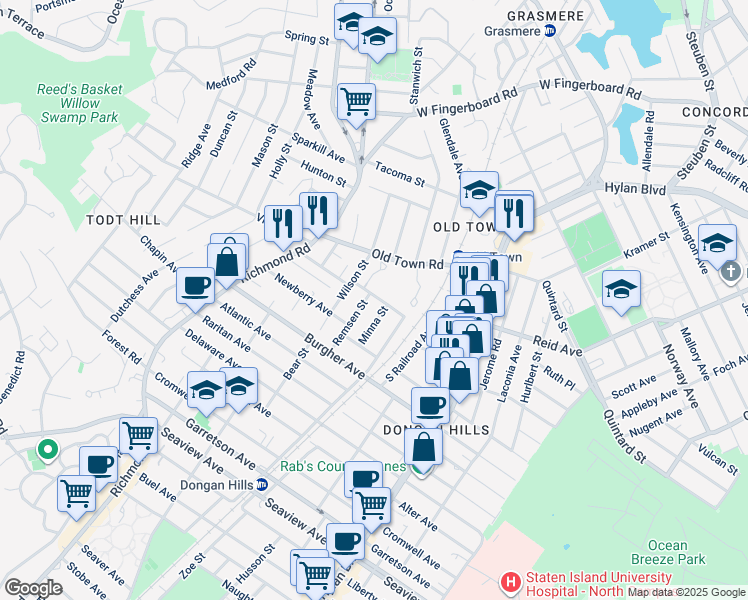 map of restaurants, bars, coffee shops, grocery stores, and more near 11 Minna Street in Staten Island