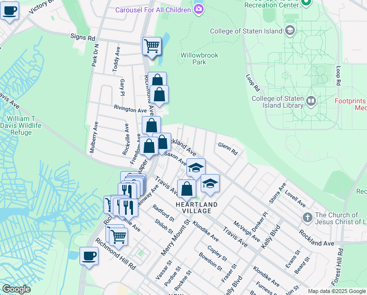 map of restaurants, bars, coffee shops, grocery stores, and more near 1292 Rockland Avenue in Staten Island