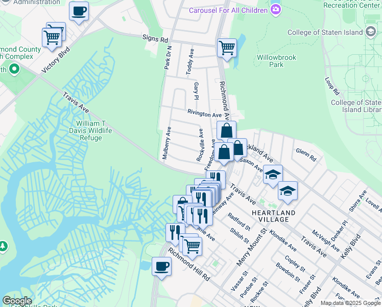map of restaurants, bars, coffee shops, grocery stores, and more near 57 Sleepy Hollow Road in Staten Island