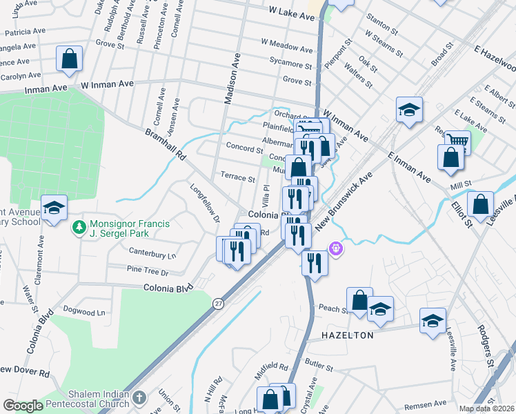 map of restaurants, bars, coffee shops, grocery stores, and more near 147 Colonia Boulevard in Rahway