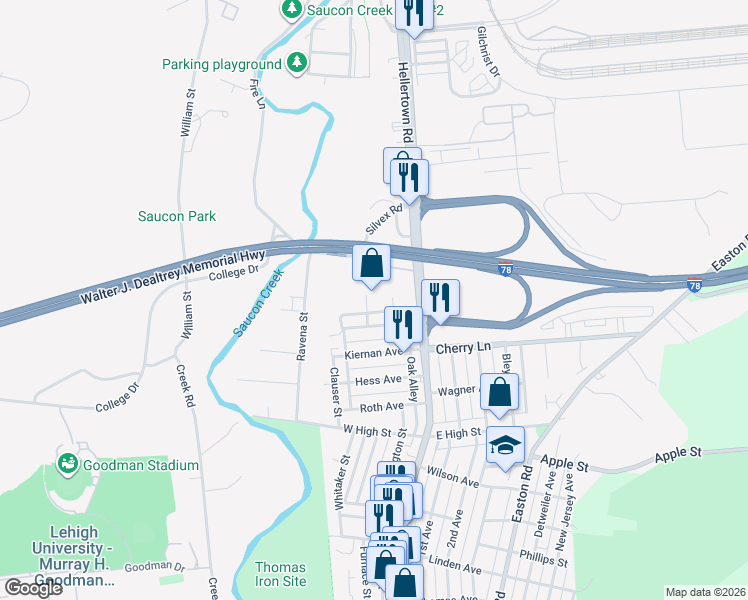 map of restaurants, bars, coffee shops, grocery stores, and more near 115 Kichline Avenue in Hellertown