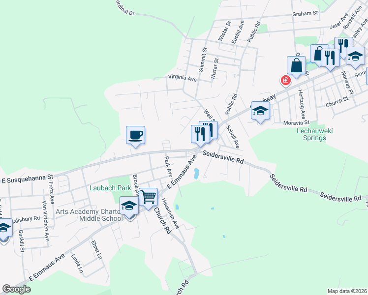 map of restaurants, bars, coffee shops, grocery stores, and more near 1822 East Susquehanna Street in Allentown