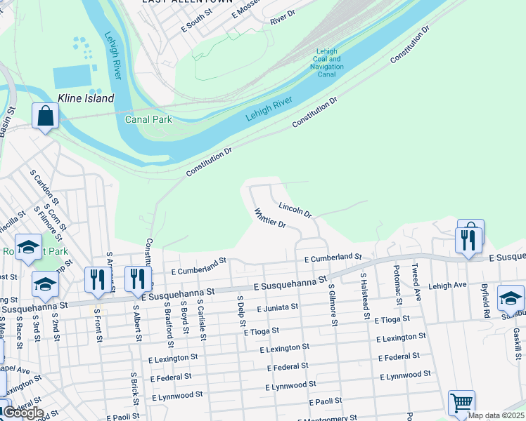 map of restaurants, bars, coffee shops, grocery stores, and more near 843 Whittier Drive in Allentown