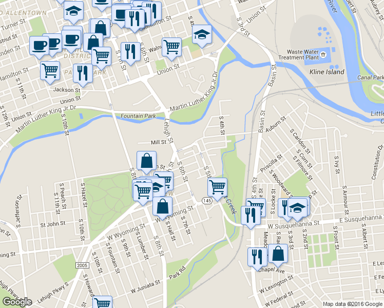 map of restaurants, bars, coffee shops, grocery stores, and more near 522 Harrison Street in Allentown