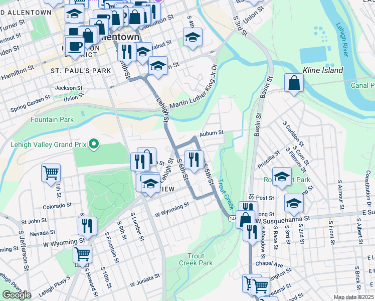 map of restaurants, bars, coffee shops, grocery stores, and more near 522 Harrison Street in Allentown