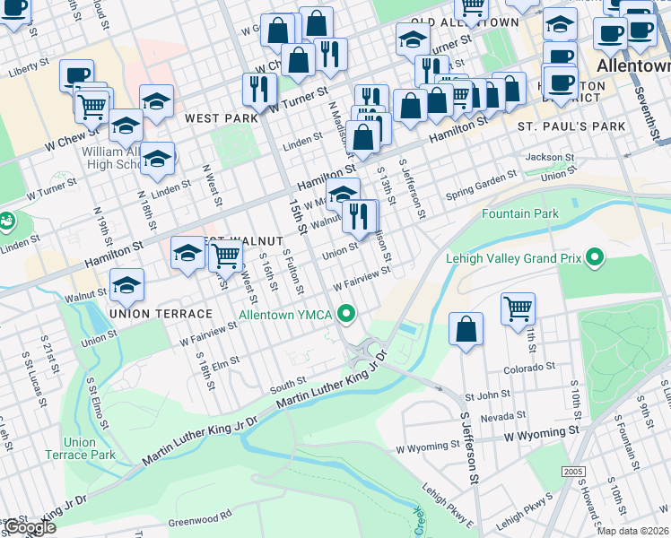 map of restaurants, bars, coffee shops, grocery stores, and more near 225 South Ralph Street in Allentown