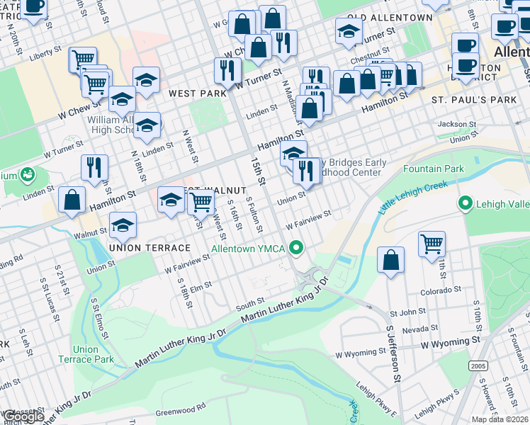 map of restaurants, bars, coffee shops, grocery stores, and more near 217 South Fulton Street in Allentown