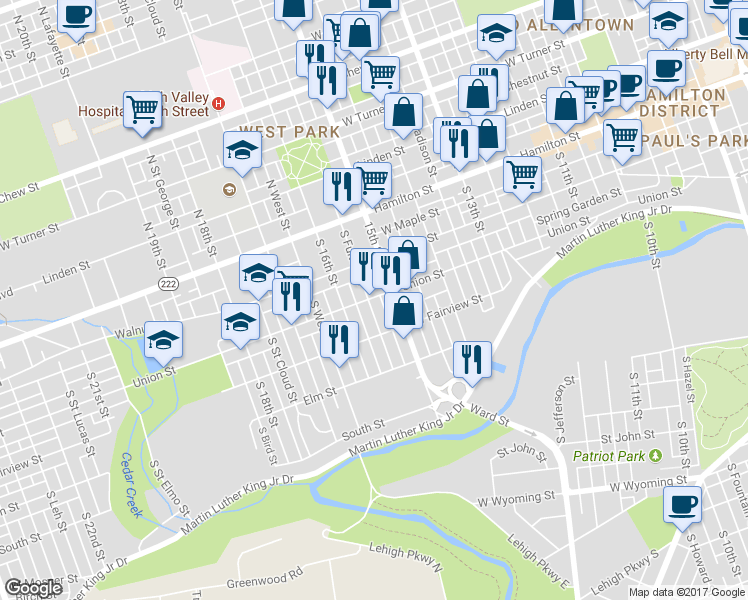 map of restaurants, bars, coffee shops, grocery stores, and more near 217 South Fulton Street in Allentown