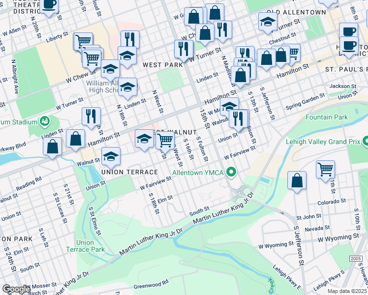 map of restaurants, bars, coffee shops, grocery stores, and more near in Allentown