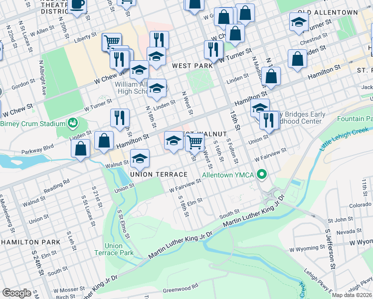 map of restaurants, bars, coffee shops, grocery stores, and more near 113 South Saint Cloud Street in Allentown