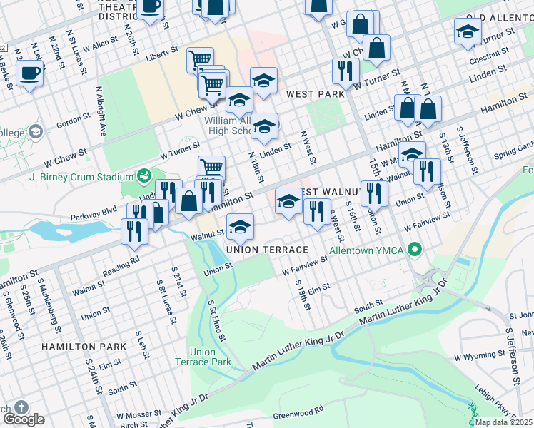 map of restaurants, bars, coffee shops, grocery stores, and more near in Allentown