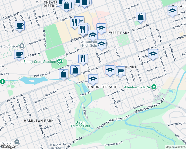 map of restaurants, bars, coffee shops, grocery stores, and more near 34 South 19th Street in Allentown
