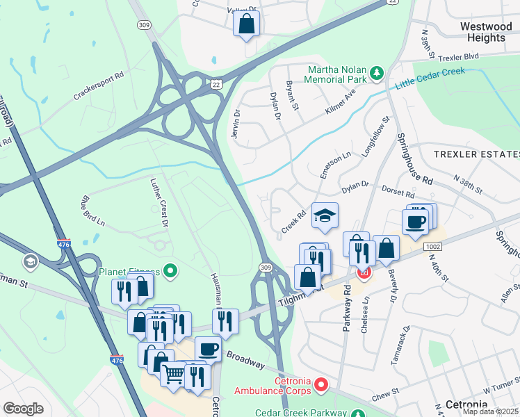 map of restaurants, bars, coffee shops, grocery stores, and more near 884 Nittany Court in Allentown