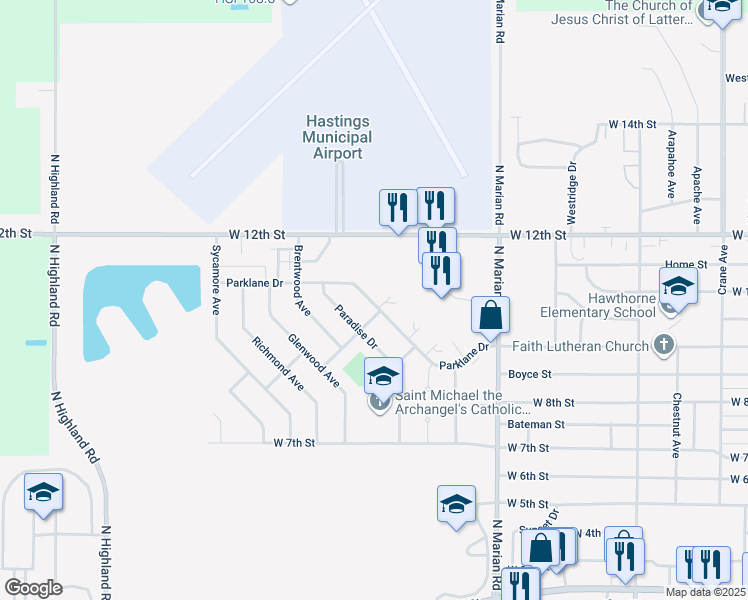 map of restaurants, bars, coffee shops, grocery stores, and more near 3121 Parklane Drive in Hastings