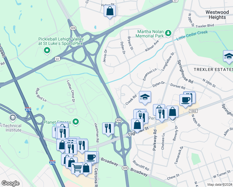 map of restaurants, bars, coffee shops, grocery stores, and more near 874 Nittany Court in Allentown